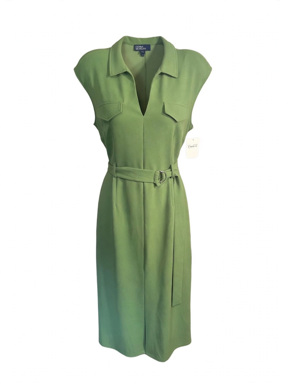 Donna Morgan Size 18 Green Belted Utility Shirt Dress Sleeveless Collared Midi